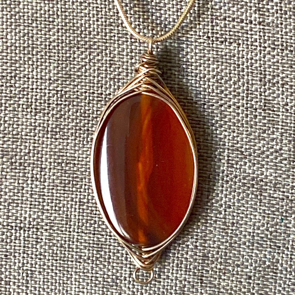 Vintage Artisan Wire Wrapped Carnelian Pendant
& Italian Sterling Silver Chain